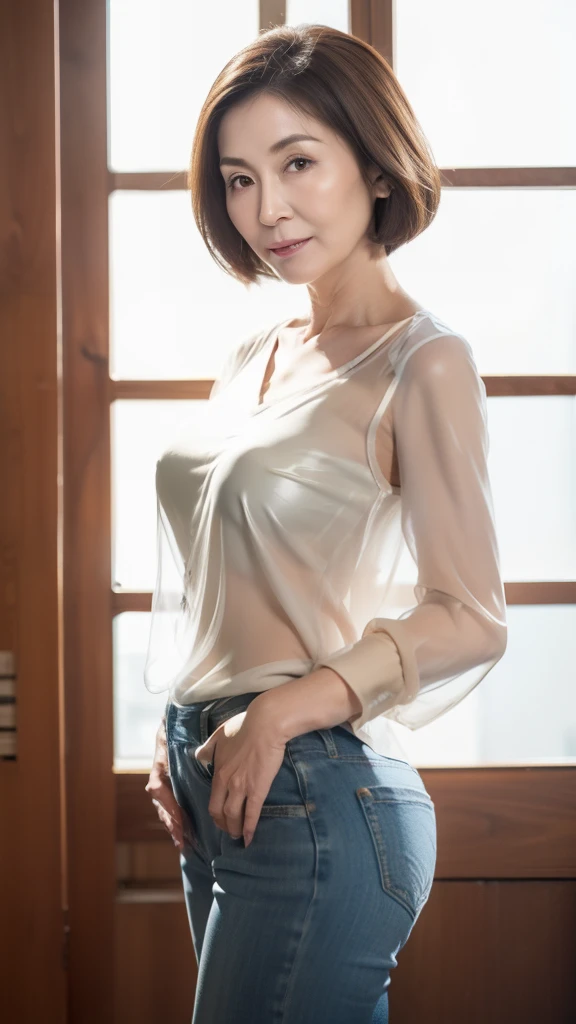 Mature attractive sexy woman、50 years old、(Tank top、See-through tight mini skirt:1.3)、(Facial wrinkles:1.3)、light makeup、Light brown hair、Long Hair、(seat:1.2)、(From head to thighs)、8k、RAW Photos、Highest quality、Laughter、Standing and posing sexy、Thin type、The whole body is visible、