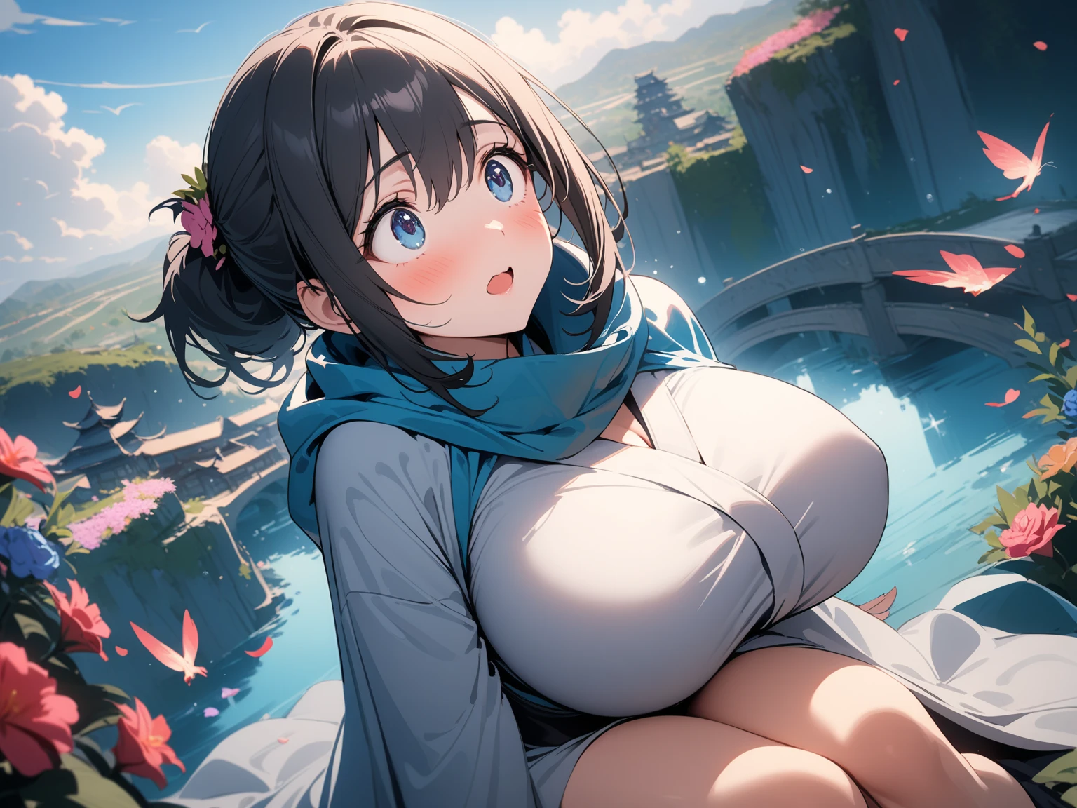 (((best quality))), ((ultra-detailed)), (((masterpiece))), (illustration), ((an extremely delicate and beautiful)), ((super detail)), ((high resolution)), (((20 years old))), ((metallic cloth)), (super heroine), (android), delicate metal decorations, gleaming skin, shiny body, two legs, breast focus, (((tall))), slender legs, ((big round eyes)), cute eyes, drooping eyes, ((adult)), two hands, five fingers, no extra hands, elegant smile, braid, (((ultra-huge breasts))), (shining brightly), outdoor, metallic blue mini skirt, daytime, ((biopunk)), (hair shorter than shoulder), (medium length hair), gynoid, ((moth green rib knit camisole)), city, ((midriff-baring outfit)), (spread legs), camel toe, sit with legs stretched out, nsfw, ((((female masturbation)))), flood of pussy juice, (right hand on the clitoris and left hand on the breast), plunging V-neck camisole,
