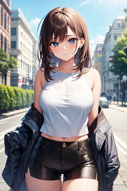 young adult socialite woman wearing name brand button up top and skirt, looking directly at viewer, she is curvy