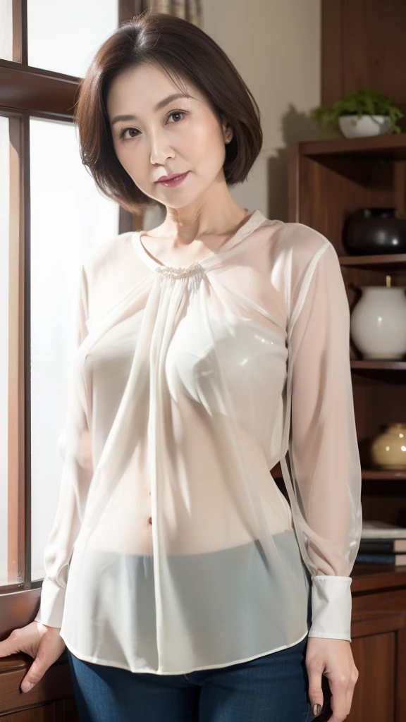 top-quality,Wear see-through clothing,40 year old woman,Colossal tits,well-muscled,beautiful countenance,Slender eyes,Thick lip,Thin makeup,blusher,