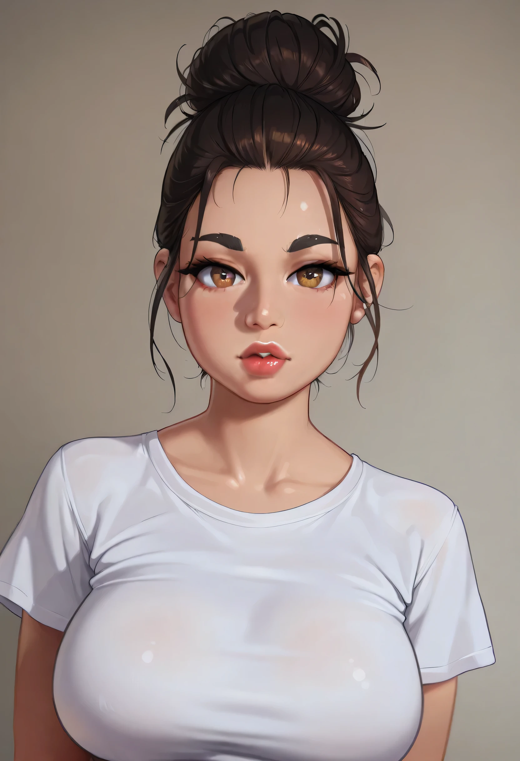 score_9, score_8_up, score_7_up, score_6_up, score_5_up, score_4_up, BREAK 1girl, intricate, white t-shirt (eyeliner:1.2), looking at viewer, detailed background, baggy shirt, (masterpiece, high quality:1), upper body focus 