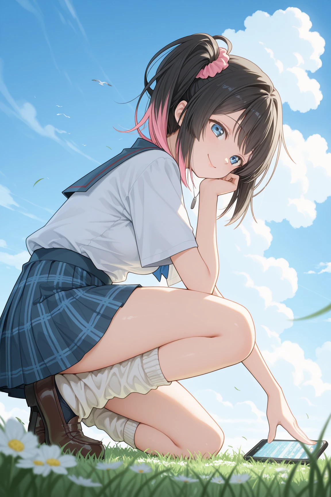 masterpiece, Highest quality, Brown haired beautiful girl、high school girl16age、big eyes(Yellow Eyes)、bob cut、Deer antlers growing from his head、Sailor suit(white)、scarf(light blue)、Thighs、smug face、smug、Duck mouth、Pleated mini skirt、jumping(1.3)、from be low、School Garden、sunny、morning、miduam weight.、Head to Knee、From below、Cute pose