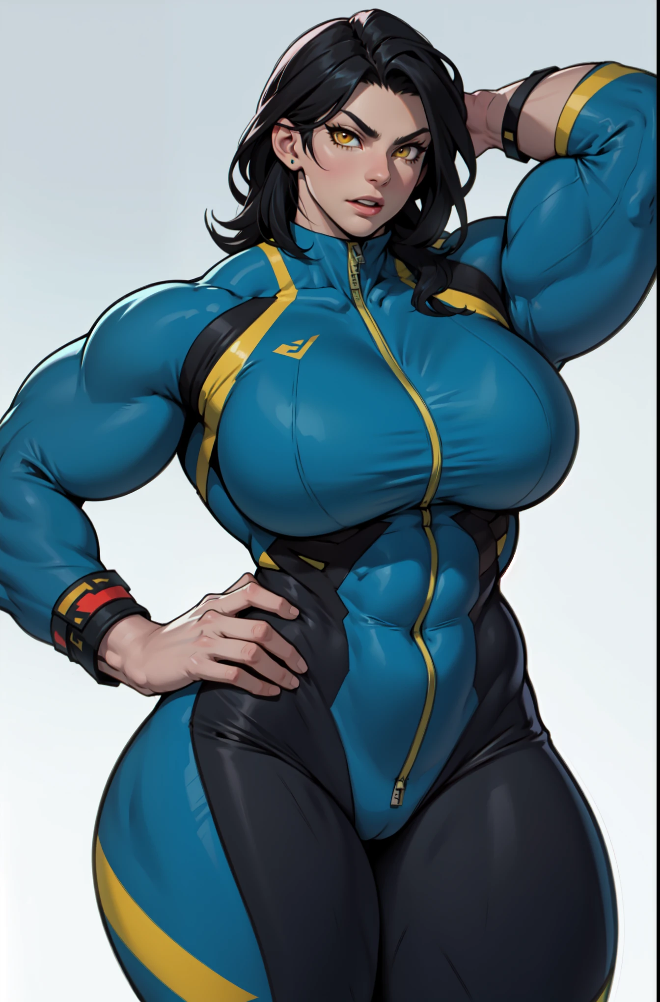huge muscles huge breasts huge thighs pale skin black hair yellow eyes very long hair muscular girl sad frown expressionless huge muscles huge breasts huge thighs huge muscles huge breasts huge thighs skintight suit