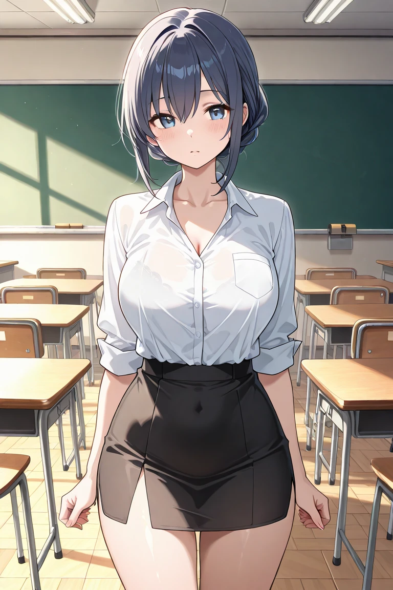 score 9, score 8 up, score 7 up, source anime, 1girl, asari_neo, classroom, white shirt,belt, <lora:gakuen_idolmaster_pony:1>