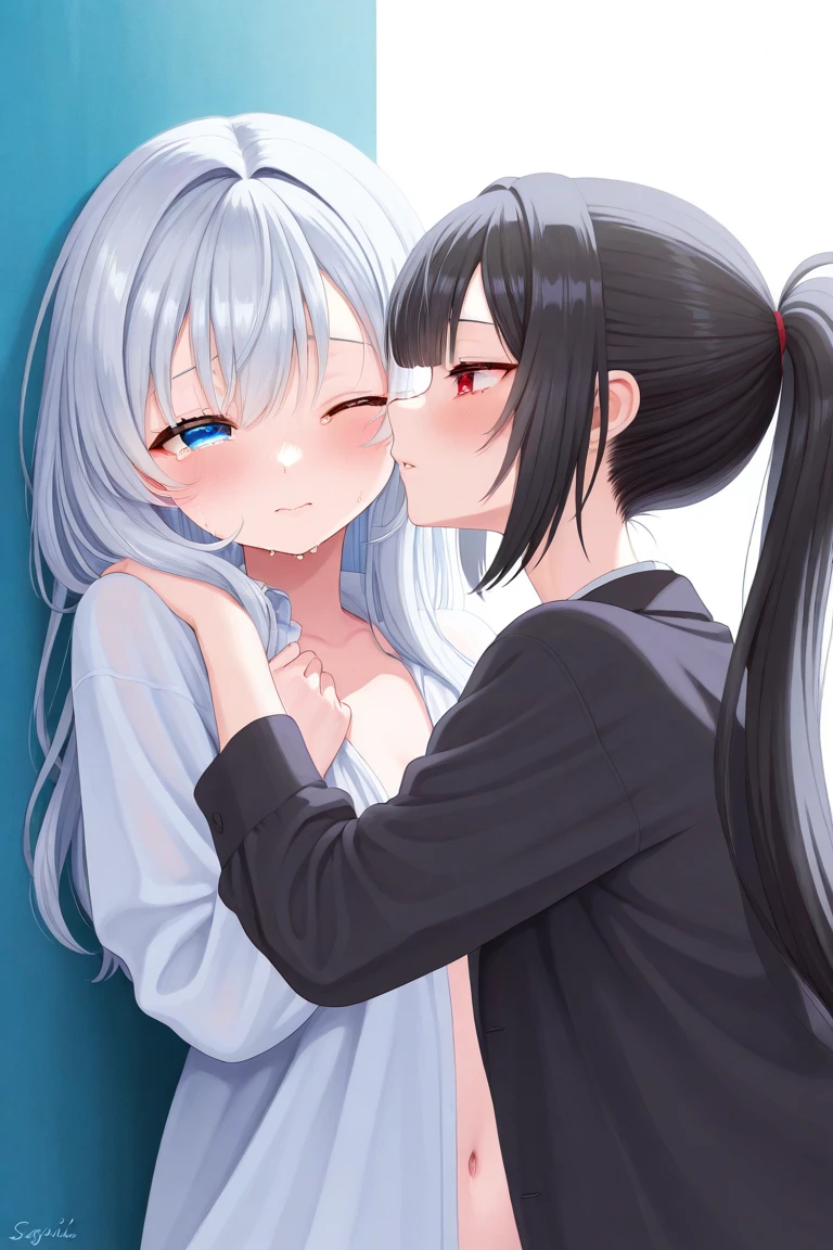 Duas meninas numa cama, topless, seios, mamilos rosa, se beijando, Tongue kiss, saliva, 4k, detalhes, anatomia perfeita, well done hands, French Kiss, focus on languages, se pegando, nsfw, nudez, corpos separados.