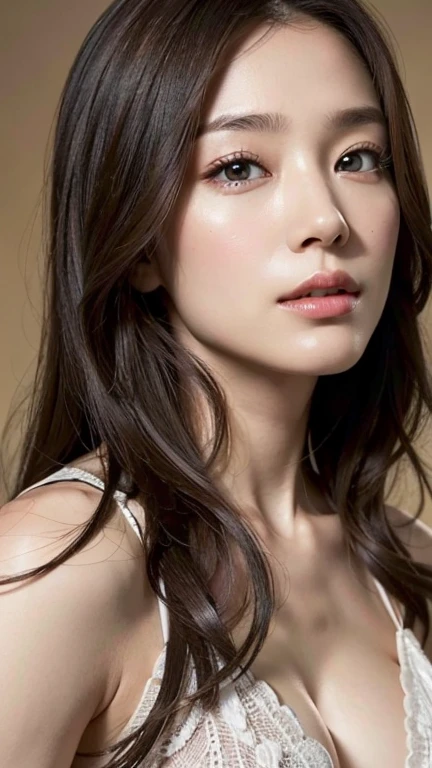 ((Highest quality, 8K, masterpiece: 1.3)), sharp: 1.2,((Layered Hairstyles, Big Breasts: 1.2)), (White bandeau dress: 1.1 ), Highly detailed face and skin texture, Fine grain, double eyelid, Long brown hair, Thin dress, damp , cleavage