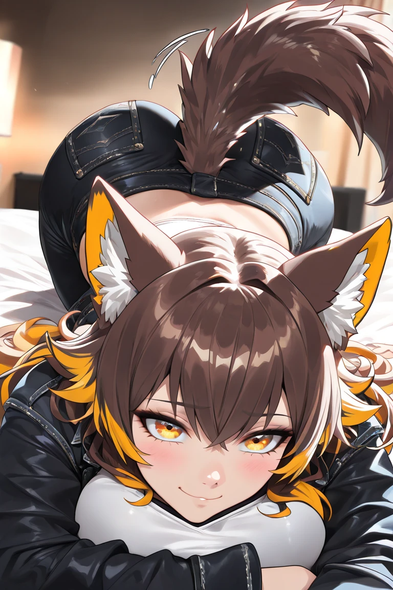 (hmnc1, animal ears, tail, dark skin, multicolored hair)1girl((after rape,bukkake,sweat))heavy breathing,huge breasts,immoral,netorare,in bed,gold 
 bikini,bitch,open mouth,tongue((ahegao))