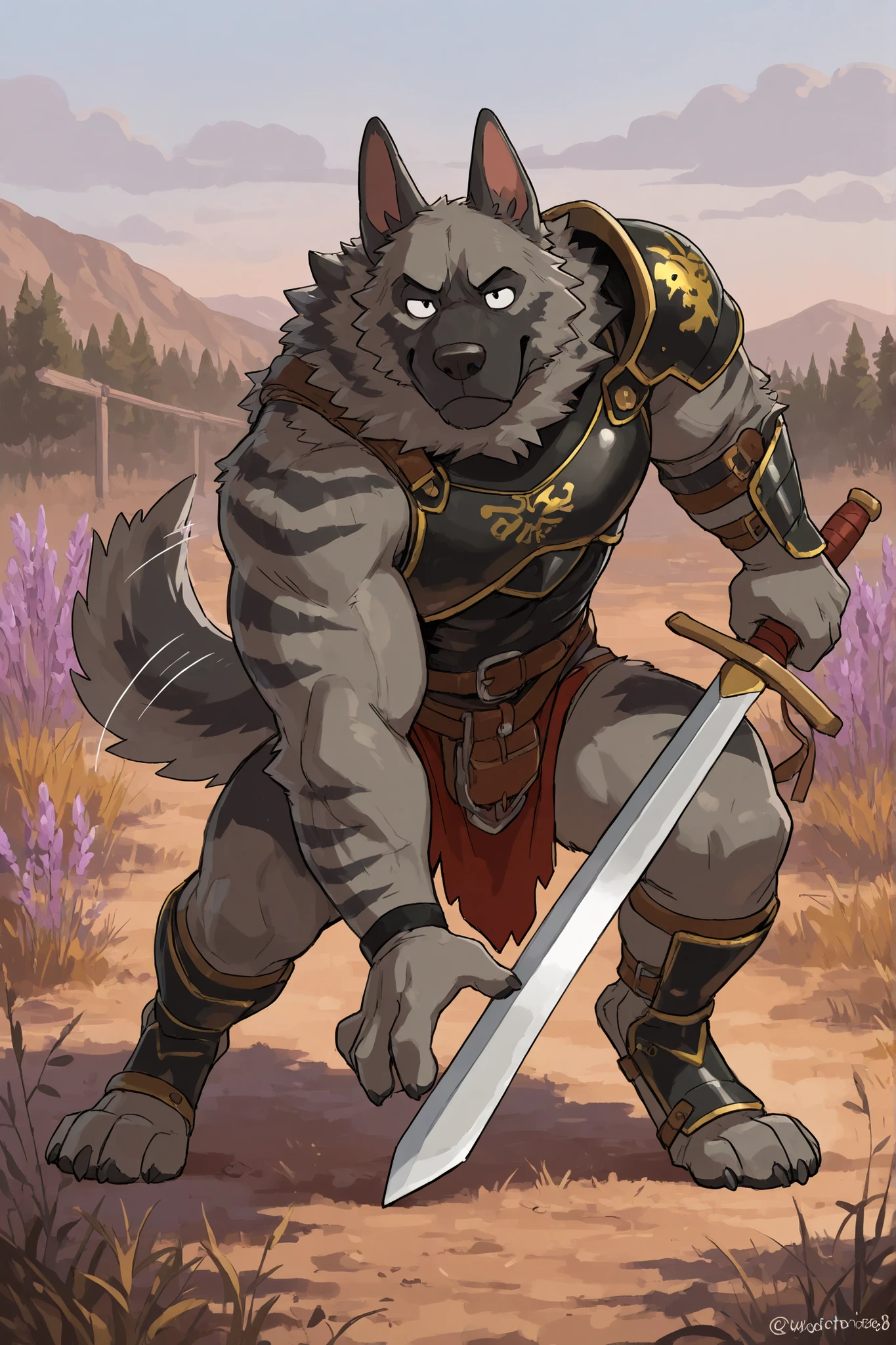 Solo Sexy anthro furry german shepherd male; ancient Mediterranean desert warrior; slim mesomorph handsome model apperance apperance; boy's messy short hair headband; sexy toned muscules; sword scars;  worn out rusty sexy skimpy armament. He has low on hips heavy leather studded heavy belt. he has narrow in the crotch very old worn out bulgy tigh jockstrap (smelly jockstrap fetish); His jockstrap it is made of old white worn out matte leather sewn together from a few pieces, it has never been washed, it is dirty and has stains from secretions of dried semen and sweat; His armor is old heavy brown harness with armlets studded with spikes; rusty old skimpy breatsplate armor,  he has old brown leather BFR Bands on Biceps and his thighs, he has old worn out fingerless leather gloves. His armor is in ruin, it is very very old and dirty, rusted, dirty, old worn out, rusty breastplate. Even though he is a handsome and sexy man, he has a sloppy appearance, has disheveled unwashed dirty fur, dirty body look. he smells, he has stains from old blood, dirst, cum, mud, smelly furr, disgusting bastard looking. He stands proudly bravely in the Mediterranean sunny pine forest; he stands upright, furious, with his sword raised in a ready-to-fight position, he holds a sword in his right paw, ready for incoming fight; he has a proud, threatening and defiant expression on his face, with little dirty dangerous smile;  he has narrow in the crotch very old worn out bulgy tigh jockstrap (smelly jockstrap fetish); His jockstrap it is made of old white worn out matte leather sewn together from a few pieces, it has never been washed, it is dirty and has stains from secretions of dried semen and sweat;, he has narrow in the crotch very old worn out bulgy tigh jockstrap (smelly jockstrap fetish); 