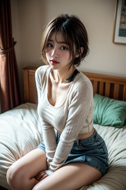 (Highest quality, 8k, 32K ..., masterpiece, Ultra-high resolution:1.2), Cute Japanese Girl Pictures, Large Breasts, Very short hair:2.0,Black Hair、 Extremely realistic skin texture, subtle facial sounds, Highly detailed lips, Cowboy Shot, Face Focus, mini skirt, Earrings, Dark bedroom, Uniform lighting, Looking at the audience, Soft and smooth body, Small Ass, Thighs, Opposition, Essa Pose、Half-open mouth、Embarrassed look、blush:2.0、Touching your own body