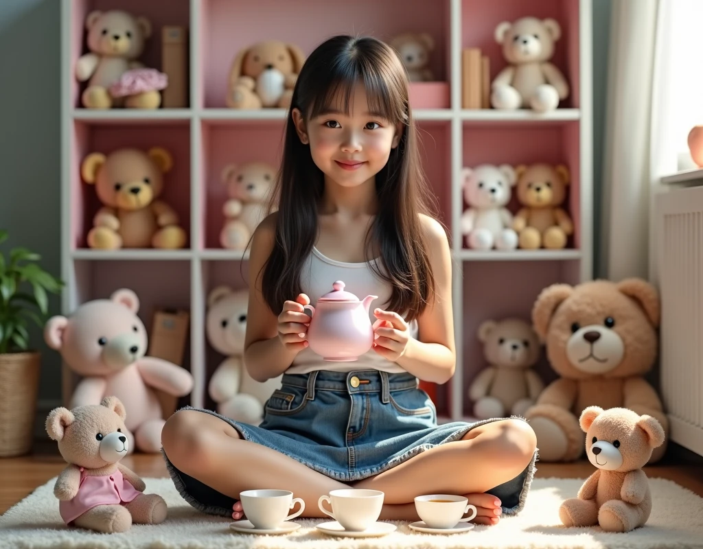 cinematic photo style by Henri Cartier-Bresson, 1 fourteen-year-old girl crochetes knitted toys while sitting in a chair, portrait, against the background of a white wall of children's drawings and a window, there is a white mug full of tea on a wooden table, books, film, bokeh, professional, 4k, highly detailed,