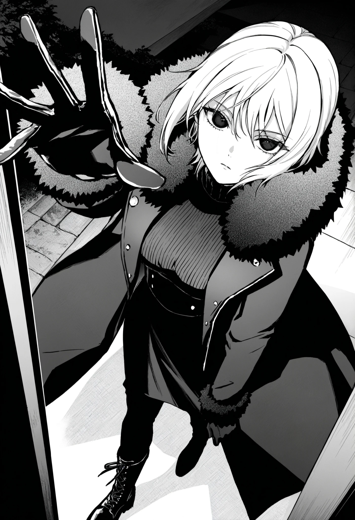 score_9,score_8_up,score_7_up,source manga,,,masterpiece,best quality,BAROQUE,1girl, standing,short hair, white hair and large expressive eyes,long dark dress,coat ,large fluffy fur collar,boots,manga style,clean black and white line art,shading on the clothing, gloves looking at viewer, reaching at viewer, badass, handsome girl, shinny eyes , close up
