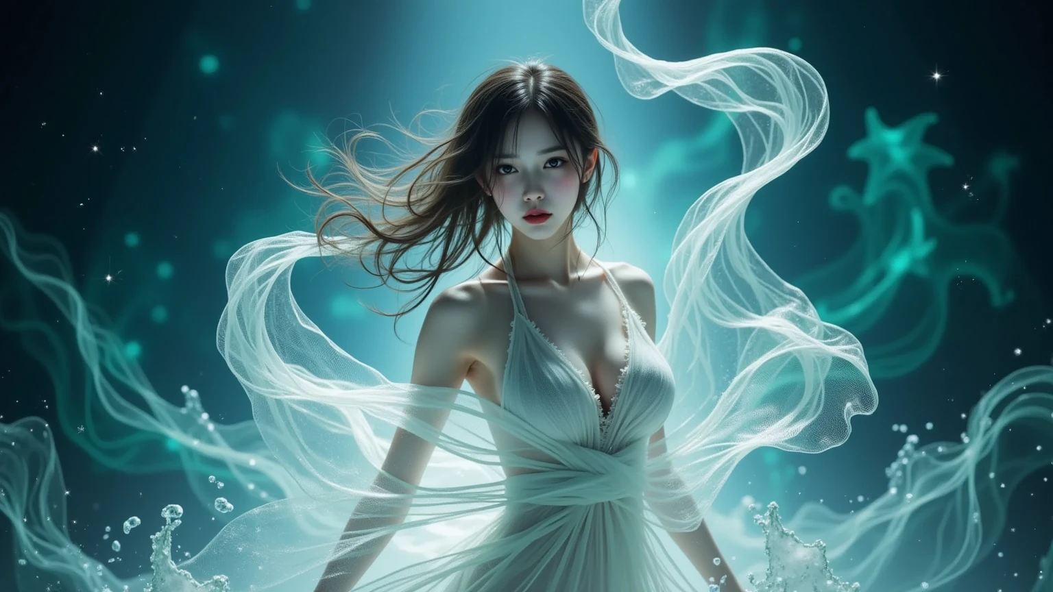 Female ice mage，Sky blue and gray curls,gossamer dress，The expression is cold，low  angle shot, ice mountain,Fantasyart，detail-rich，电影灯光，real photograph，SLR camera,(Very detailed, reasonable design, Clear lines, High sharpness,Best quality, Masterpiece, 4K:1.2 )