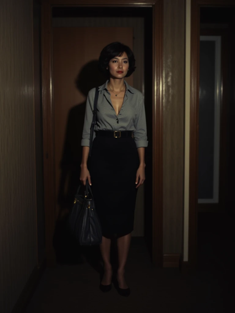 A view from inside a dark bedroom, of a tall attractive busty 40-year old brunette woman standing in the bedroom doorway, backlit in silhouette by the hallway behind her, wearing a sheer peach satin pussybow blouse with long billowy bishop sleeves, and wearing a dark midi skirt, holding up a wooden paddle, with an angry expression.