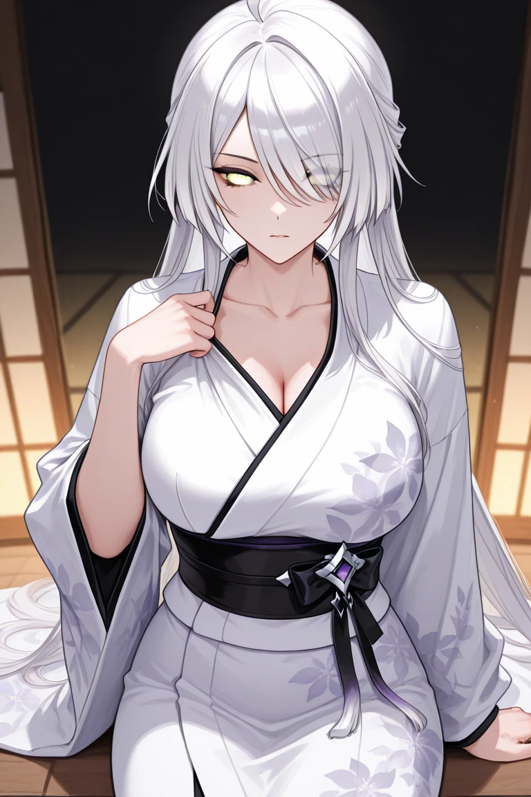upper body,A woman who is,Fox tail and fox ears,light smile,Close one eye,Bigboobs,Off-the-shoulder kimono,(medium view:1.05),sexy feeling,(Japanese style room interior:0.9),Alone,Best quality,A high resolution,(Extremely detailed CG wallpaper:1.2)