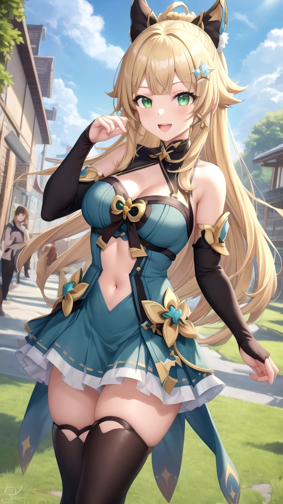 Masterpiece、Highest quality、Super detailed、1 girl、Blonde、Twin tails、Fluffy and soft long hair、Big Tits、Cleavage、Chinese Fantasy Palace、String Panties、Chinese clothing、A chest that looks like it is about to burst、smile、Aquamarine Eyes、No bra、Bare back