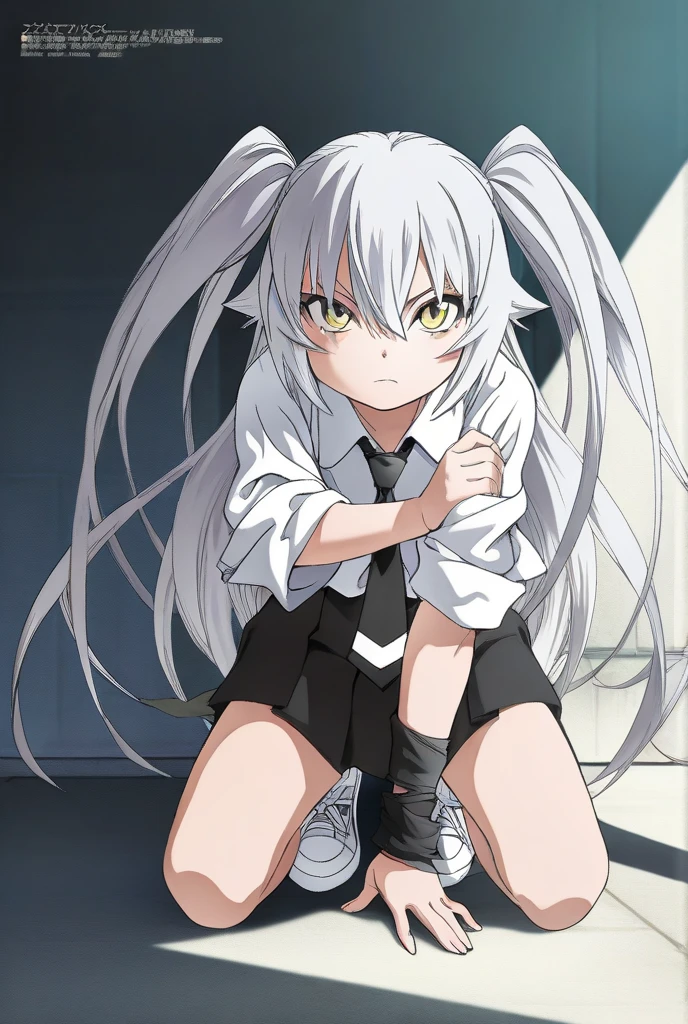 anime girl with white hair and green skirt sitting on the ground, pointy teeth.