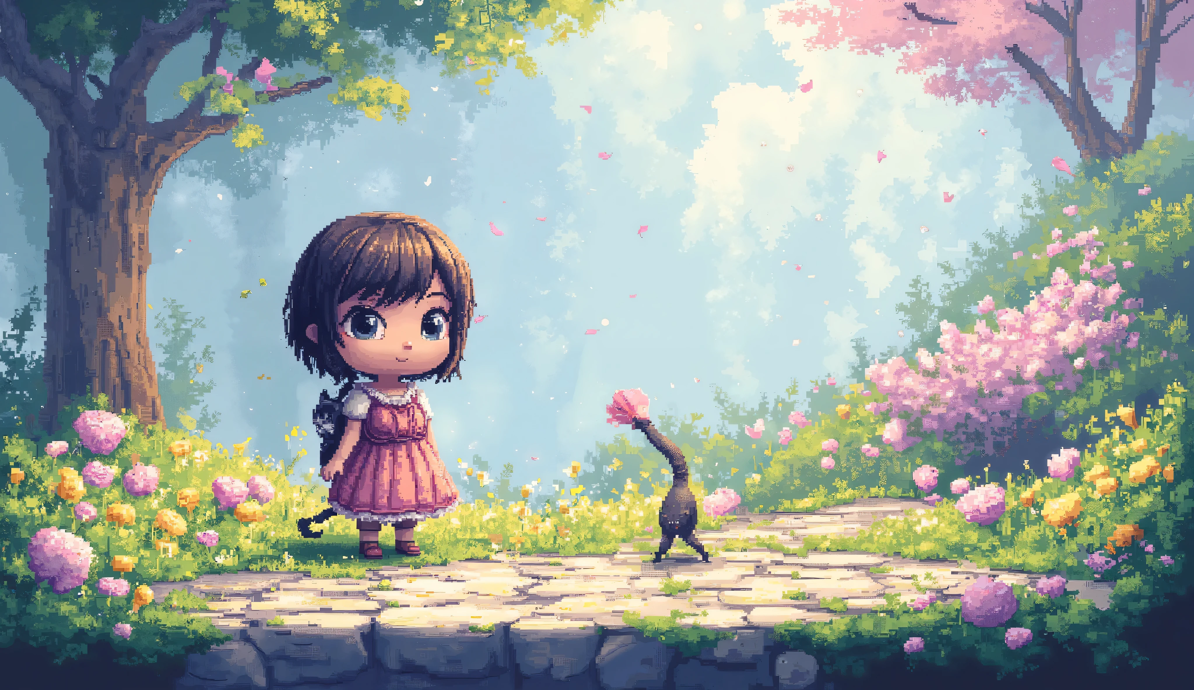 a girl in a field of flowers with a black cat in her shoulder, 3D pixel art 4K wallpaper. Incredible pixel art detail. Pixel art. Steam waves. Detailed Unreal Engine pixel art