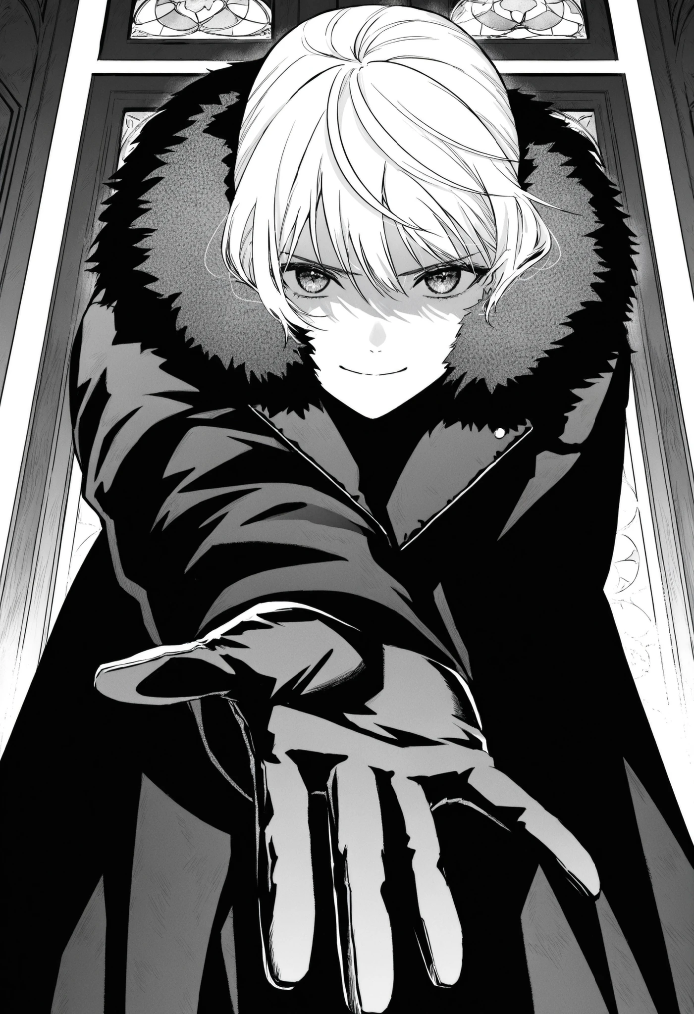 score_9,score_8_up,score_7_up,source manga,,,masterpiece,best quality,BAROQUE,1girl, solo,in front,standing,short hair, white hair and large expressive eyes,long dark dress,coat ,large fluffy fur collar,boots,manga style,clean black and white line art,shading on the clothing, gloves looking at viewer, reaching at viewer, badass smile, handsome girl, (handsome eyes:1.8) , closed mouth,close up , smile , kindness