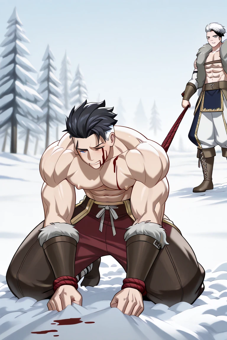 (White beautiful boy:1.44),original,独奏, (((((((13 year old:))))))),(close eyes),(cool face,beautiful face,manly face:1.5),(Short, shaggy, golden hair:1.94),(muscle full-body:2.18),(Muscular abs and blood:1.68),(Blue bruises all over the body:1.65),(standing,fighting pose:1.75),(Heavy bleeding from body covered in blood-stained red bandages:1.8), (Fur pants with bulging crotch:1.39), masterpiece, best quality, very aesthetic, absurdres