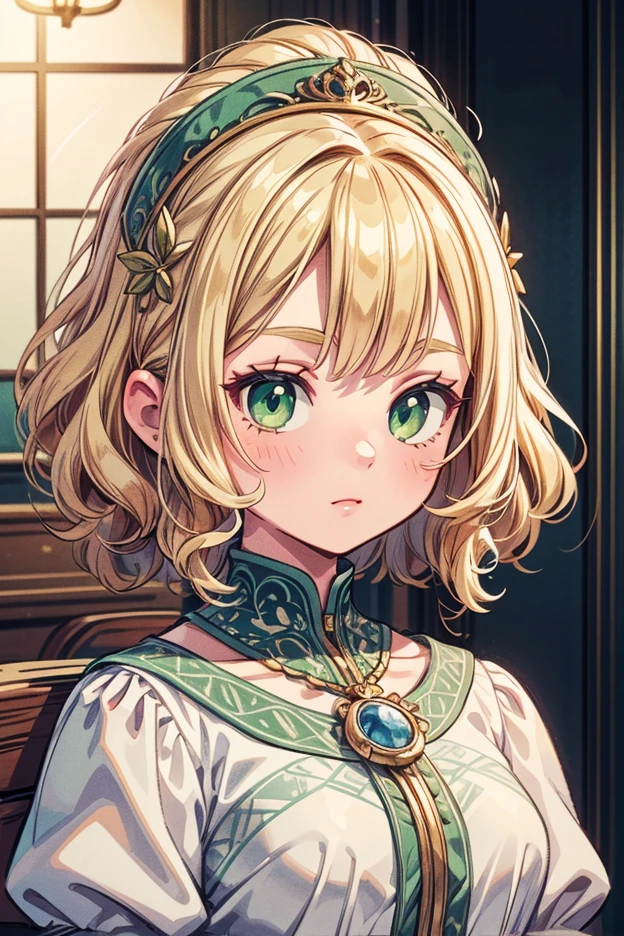 Virtuous person, lolita, anime girl, medieval, Noble, A Duchess, The body is full and mature but the facial expression is a bit childish and cute, blonde hair and emerald eyes, 13 year old girl,  girl