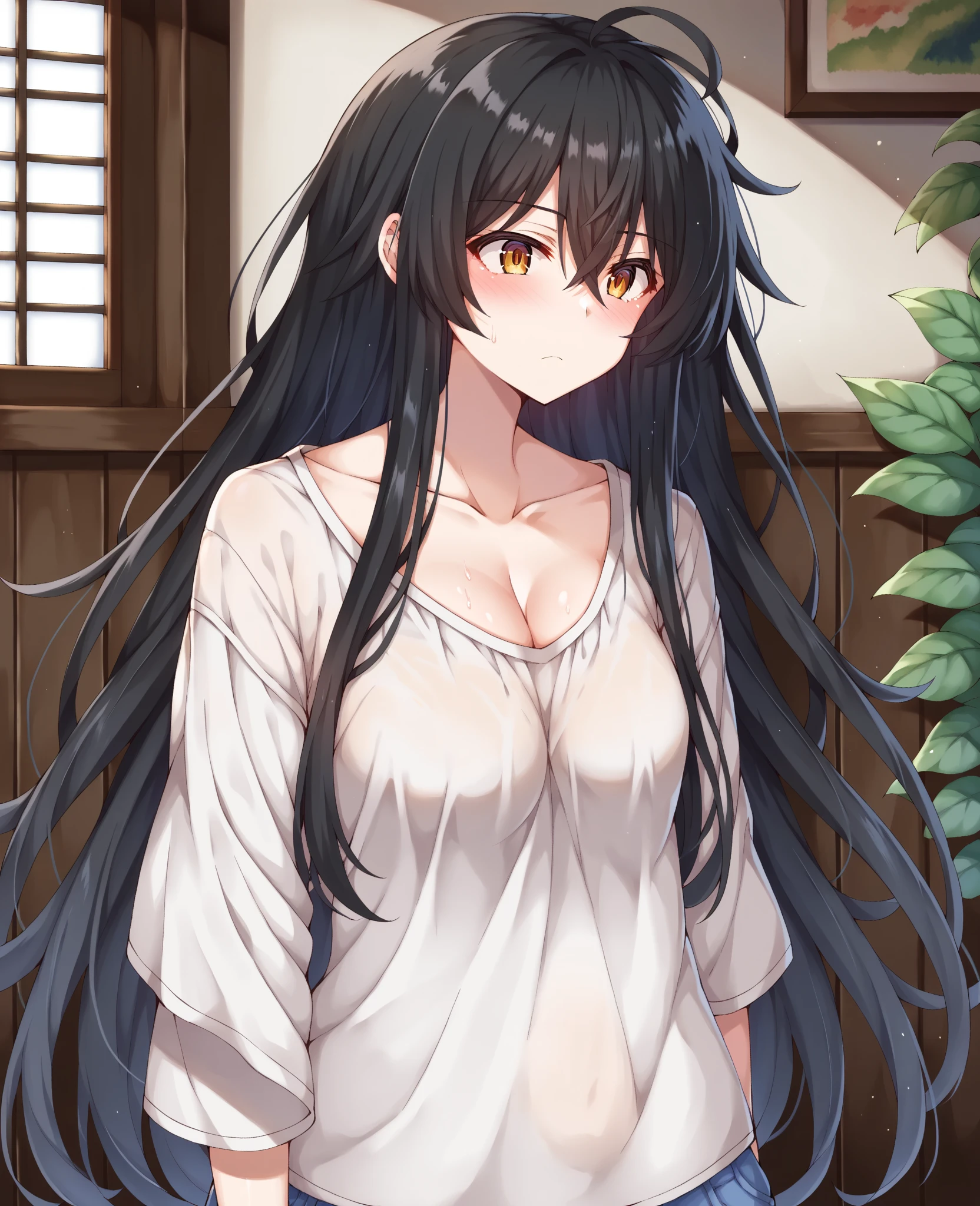 A girl with long black hair, red eyes, wearing a thin white dress, on wood cabin
