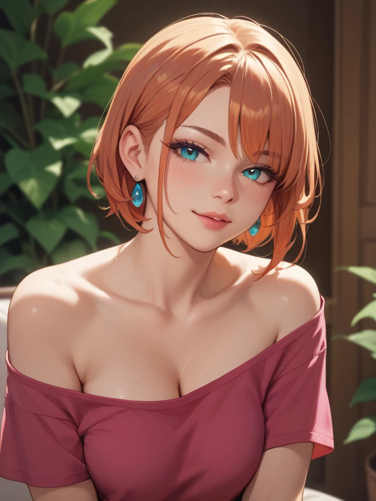 super high image, super detail, super high resolution, cute 18 year old girl, skinny, small breasts, no cleavage, facial close-up, moist shiny lips, seductive look, light-orange hair, messy wild short hair, green sparkling eyes, glossy dark eyeshadow, shiny skin, nose pierce, choker, tank top, perky nipples, exposed shoulders, jacket, night time, japanese village in background