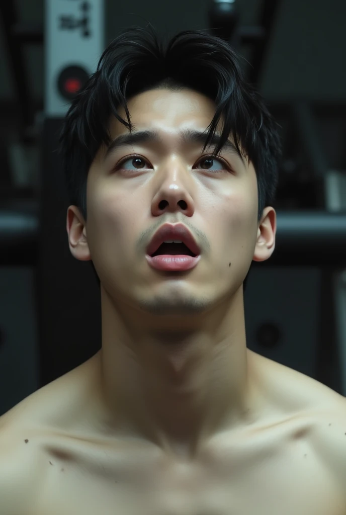 After the shower、Asian man who has just finished swimming、30 years old。Giant,He has white skin、Have a large muscular build。He received the call from a landline in his family's darkened room.。the body is wet and、Completely naked,