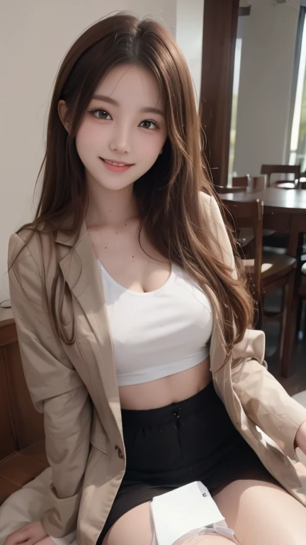 ((top-quality、8k、masterpiece:1.3))、Beautiful woman with perfect body:1.4、slim abdomen:1.2、Longhair, normal breast, Highly detailed facial and skin texture, A detailed eye, delicate eyes, double eyelid, (smile), (full body shot), ((cafe)), (sitting on chair), (((wearing white t-shirt with jacket)), looking in front