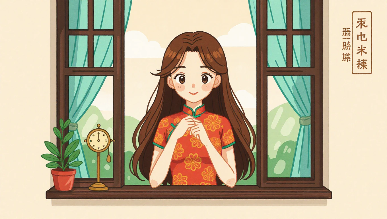 Illustration design, Delicate characters, window, gauges, brown hair , largeeyes, Long cheongsam