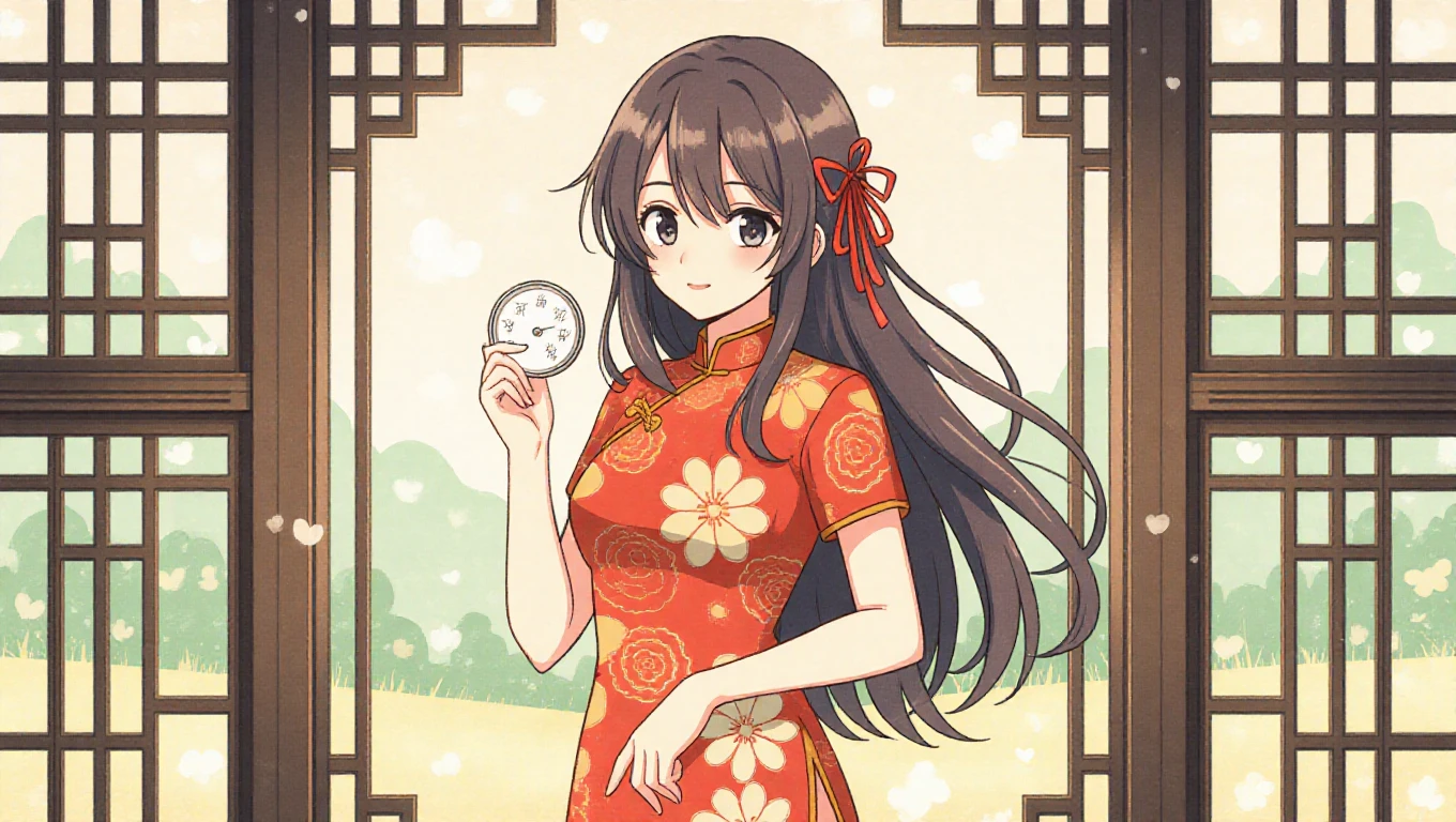 Illustration design, Delicate characters, window, gauges, brown hair , largeeyes, Long cheongsam