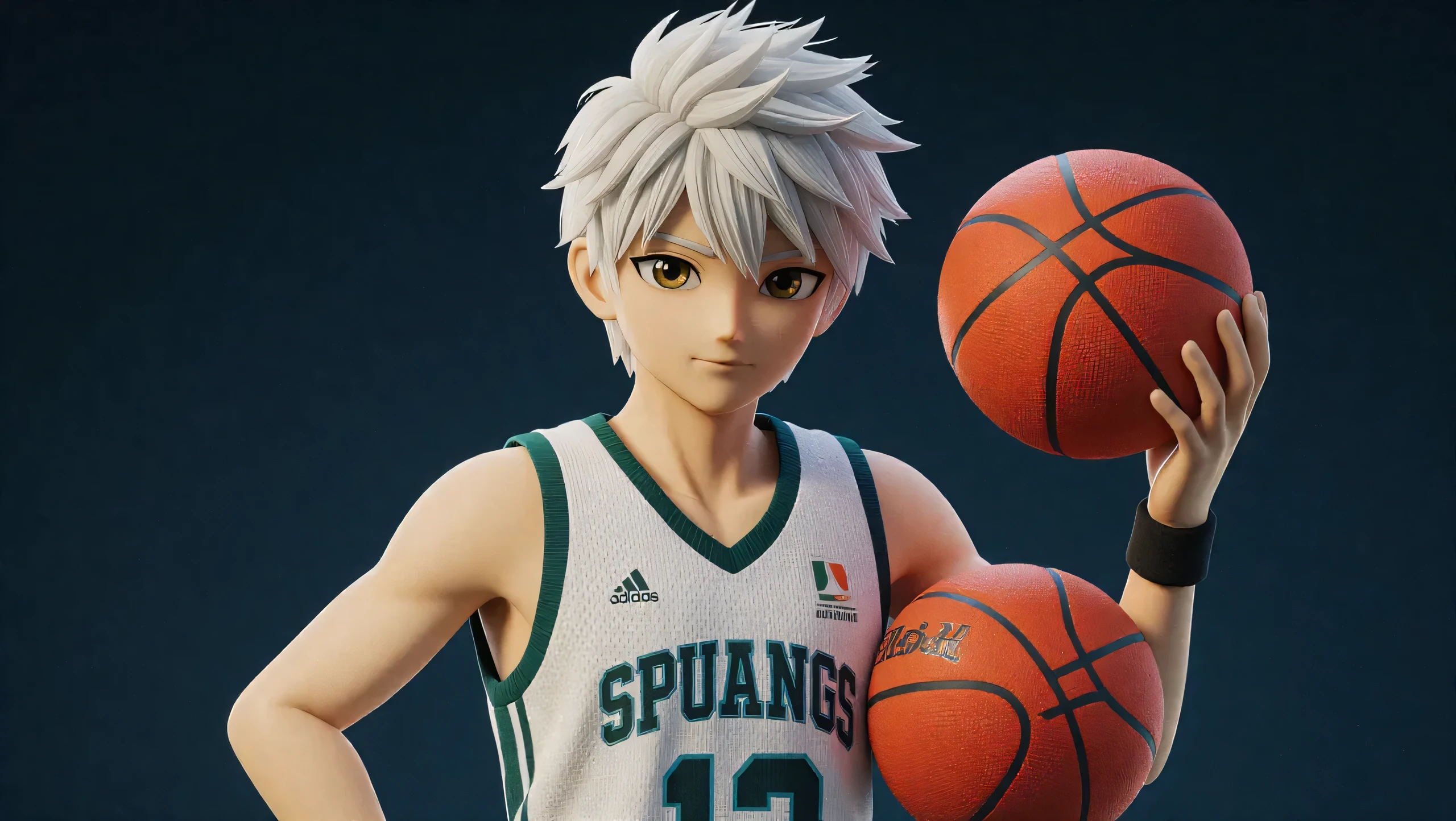 masterpiece, Anime CG, schoolboy, Short White Spiky Hair, Wheat-colored skin, musculature, sports schoolboy, wearing basketball outfit, Smooth texture, Silk texture , Golden pupils, perfect eyes  