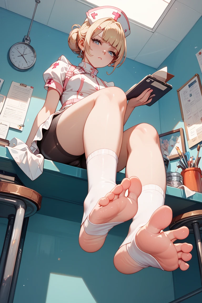 a girl,maidennurse,sitted,Frill socks,Viewpoint from below,soles of feet,embarressed, bike shorts ,Pouting your lips,Toeless wear ,Cross wear,masterpiece,Best quality,No censorship
