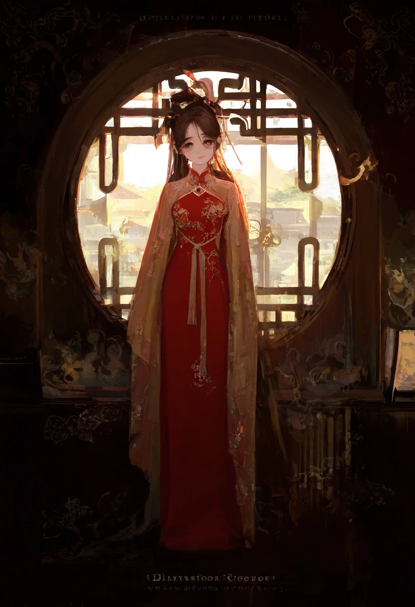 Illustration design, Delicate characters, window, gauges, brown hair , largeeyes, Long cheongsam