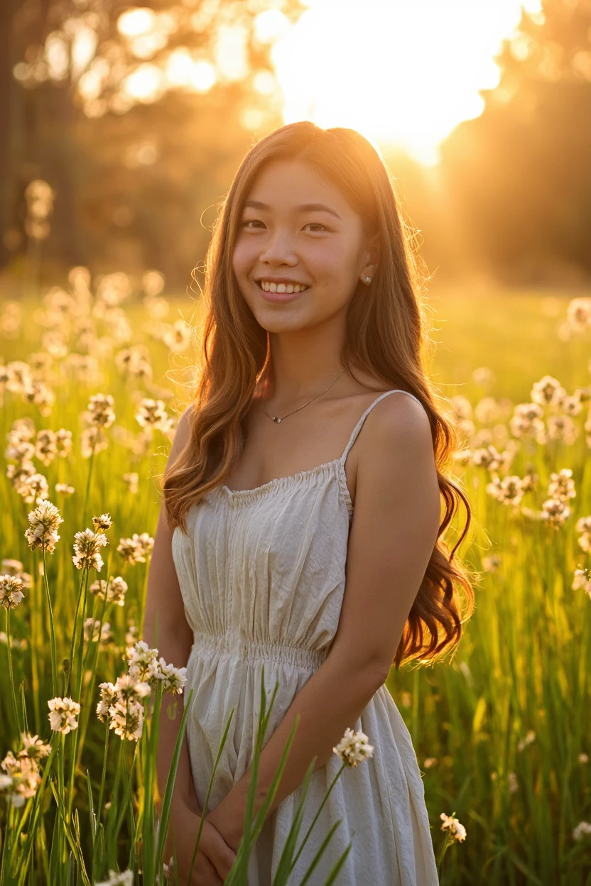 1 girl, beautiful young woman, long brown hair, warm smile, looking directly at camera, standing in sunlit meadow, lush green grass, wildflowers blooming, sun rays streaming through trees, golden hour lighting, ultra-detailed, photorealistic, 8K, high resolution, professional, cinematic, dramatic portrait