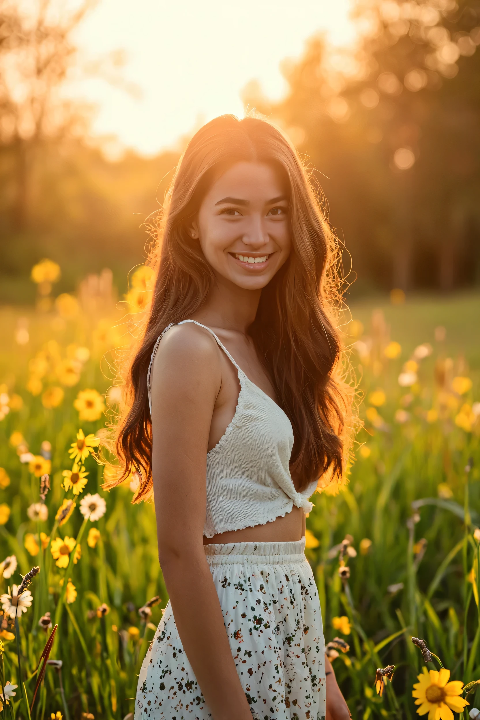 1 girl, beautiful young woman, long brown hair, warm smile, looking directly at camera, standing in sunlit meadow, lush green grass, wildflowers blooming, sun rays streaming through trees, golden hour lighting, ultra-detailed, photorealistic, 8K, high resolution, professional, cinematic, dramatic portrait