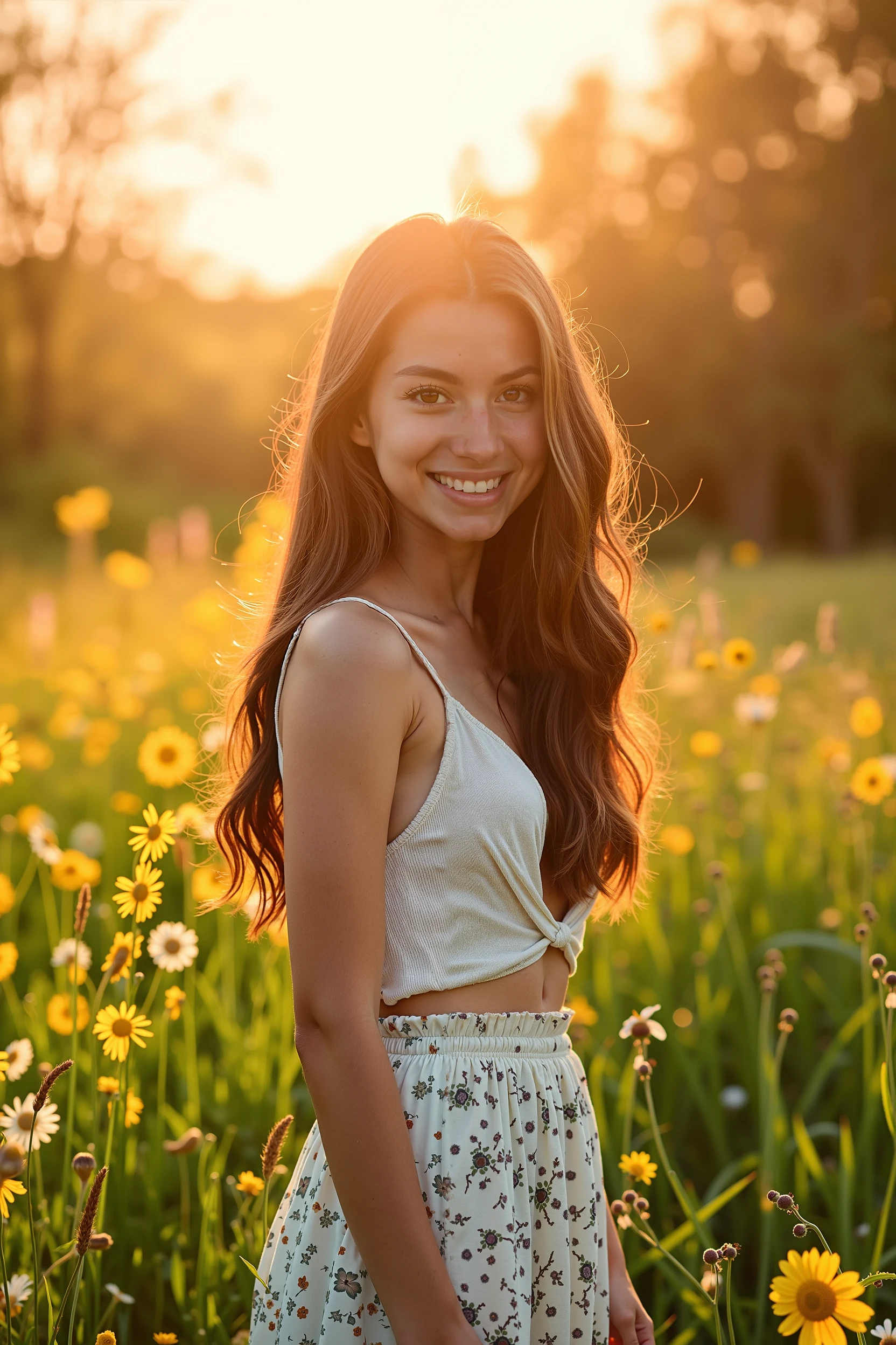 1 girl, beautiful young woman, long brown hair, warm smile, looking directly at camera, standing in sunlit meadow, lush green grass, wildflowers blooming, sun rays streaming through trees, golden hour lighting, ultra-detailed, photorealistic, 8K, high resolution, professional, cinematic, dramatic portrait