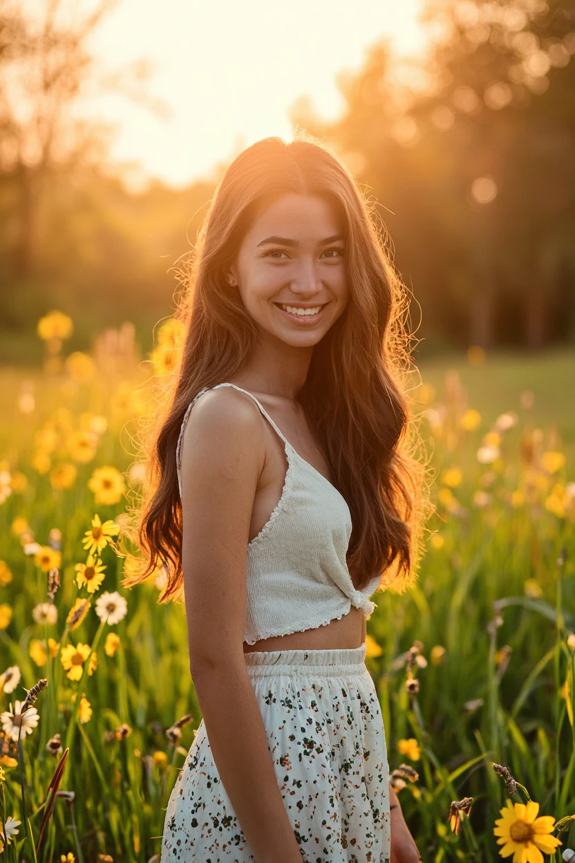 1 girl, beautiful young woman, long brown hair, warm smile, looking directly at camera, standing in sunlit meadow, lush green grass, wildflowers blooming, sun rays streaming through trees, golden hour lighting, ultra-detailed, photorealistic, 8K, high resolution, professional, cinematic, dramatic portrait