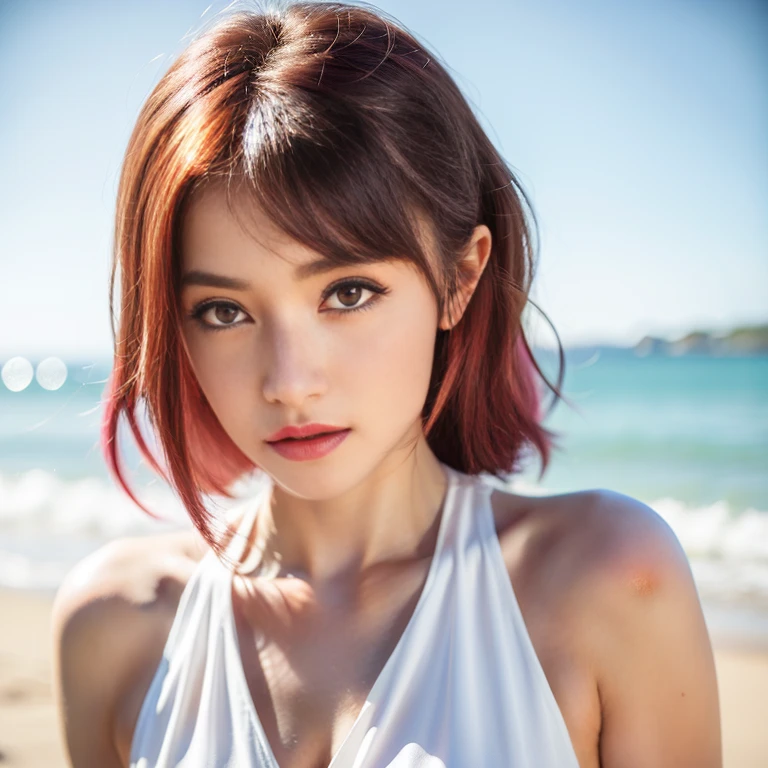 close-up,1girl,pink hair,white dress,Beach background