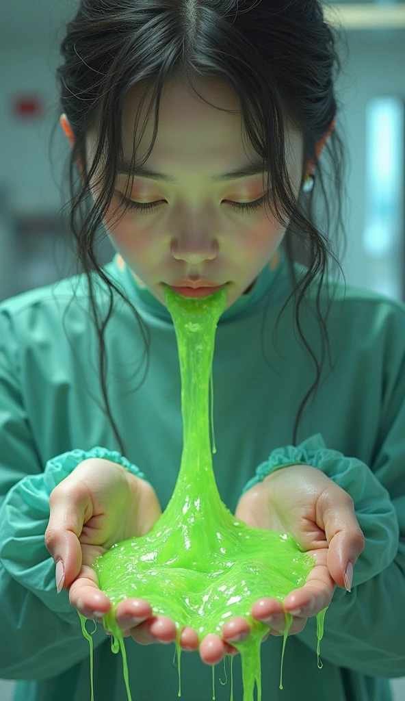 1 woman、18-year-old、masterpiece、highest quality、super detailed、born、Japanese、Like Korean Idols、brown hair、（small face:1.4）、eyeliner、(eye shadow:1.2)、slutty makeup、（Curvaceous:1.4）、(slime on head:1.4)、(Slime splatters on your body:1.2)、(blur the background:1.4)、greenslime AI