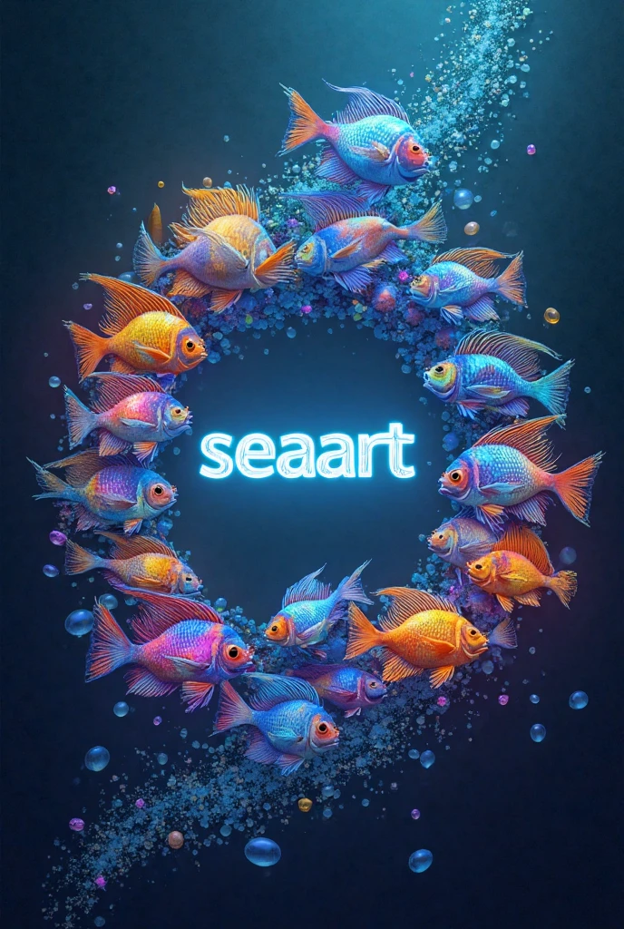 A group of colorful tropical fish that emits light, ((((「seaart」letter logo))))