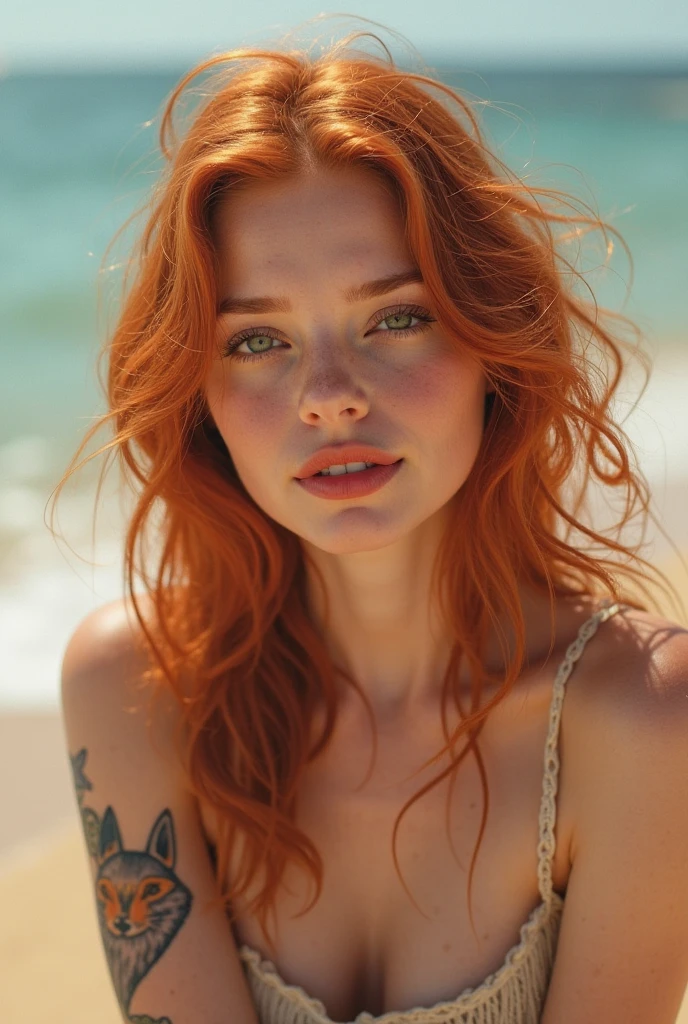 very detailed, 16K high resolution, incredibly detailed image, cinematic, best quality, masterpiece, realistic, detailed face, detailed background, dramatic lighting, A girl, 2, she is alone, beautiful, natural red hair, straggly and messy wavy hair. Extremely detailed facial expressions with sharp and piercing green eyes. A delicate, slightly cheeky face, subtly made up. ((She is tattooed and pierced, large tubes in her ears.)), She has (very small breasts) and a slim figure, in good shape. Her height is about 1.70 meters. Mystical evening atmosphere with sunset by the sea. She is taking a walk on the beach and is wearing light, summery clothes.