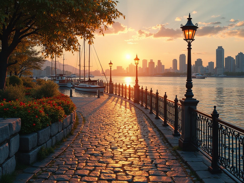 A path of cobblestones and railings at sunset in a marina and on the ...