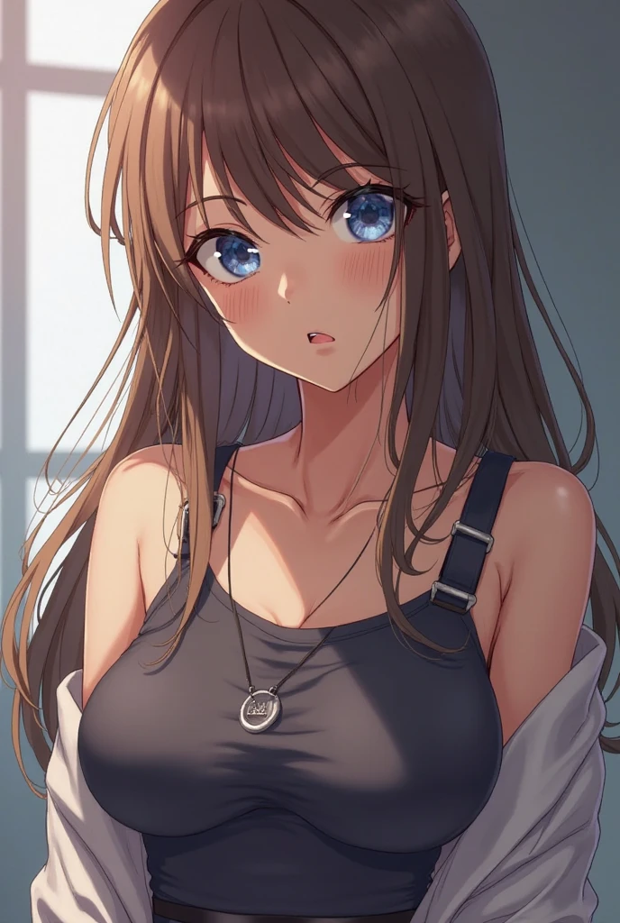 (masterpiece, highest quality, Very detailed, Best Shadow), (Beautifully detailed face), High Contrast,1girl,only,Dark brown hair,Straight Long Hair,Side Tail,Blue, clear eyes,Upper Eye,Shorts, Off the shoulder, Exposing shoulders, Open jacket,She has big breasts,whole body,20generation