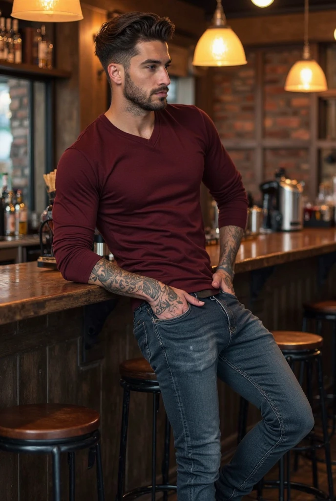 <lora:tyson_dayley-v1:0.8> tyson_dayley, red shirt, jeans, sitting on a bar stool, RAW photo, cinematic lighting
