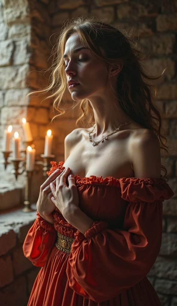 Four 12-year-old high school girls, very long hair like rapunzel,innocent face, tender,totally naked without clothes,erect nipples,big breasts, thin waist, long and shapely legs,in a dark room in the castle,Red curtains,swords on the wall,Spider webs, sleeping in a very large bed lying down spreading both legs ,Burning torches on the wall illuminating the room. ,ultra detailed, 8k quality