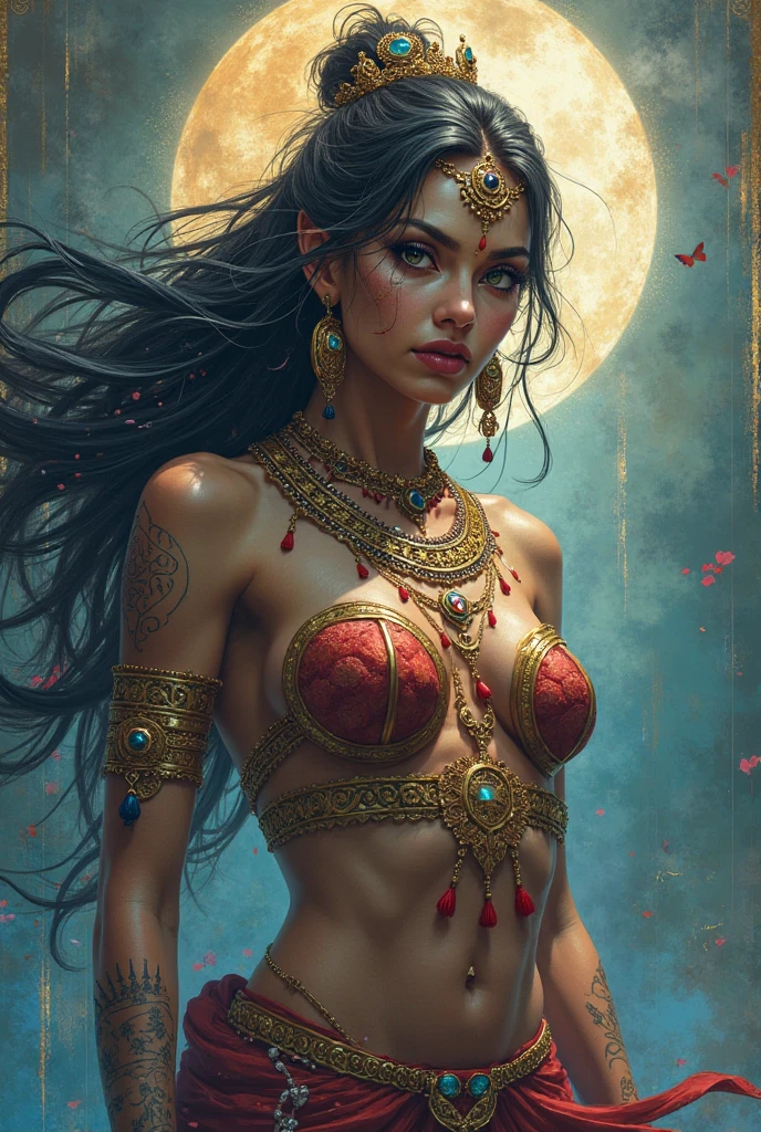 (masterpiece), A young realistic woman adorned in very elegant traditional sexy attire ( lots of jewellery), visible vulval, cute and sexy face, very enormous breasts( exposed nipples (naked)), sexy body type, sexy vulval, sexy smile. Indian wedding (realistic perfect face , Naked body) ,sexy cool tall, slim, fit woman, intricate and highly detailed, cleavage, long silver hair, body chain.
