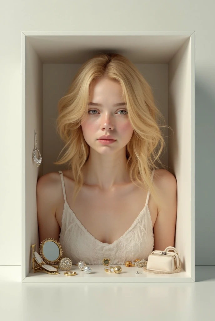 A young woman with light blonde wavy hair in front of a full-length mirror, adjusting her skirt and smiling as she applies a little more lip gloss. The soft light of the mirror highlights your delicate makeup, and his defiant look reflects confidence. In the background, Party accessories can be seen scattered around, like shiny earrings and a stylish handbag, ready to accompany her into the night.
