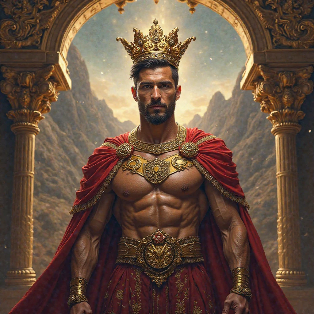 1boy, Assyrian, solo, facial hair,64 yrs old, daddy, male focus, flaccid penis, pectorals, bara, muscular, mature male, muscular male, abs, beard, ring nipples, tattoo pecs, short hair, navel, stomach, large pectorals, thick eyebrows,jewelry, belt, necklace, bracelet, crown, jewelry, necklace, cape, fur trim, armlet, bracelet, throne, ring, underwear/loincloth/pelvic curtain, chain, open clothes/shirt/vest/coat, tattoo, boots, gloves, bare pectorals, fair-skinned male, sexyroyalty, erection, thighs, erection under clothes, tan skin, belt, pectoral cleavage, cowboy shot, feet out of frame, thick thighs, looking at viewer, masterpiece, 4k, high quality, highres, absurdres,