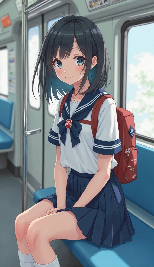 carrying a backpack with anime characters printed on it，have a pair of vibrant apricot eyes，Eyes are bright as stars，Her rosy lips are gently chewing on a slice of toast，her eyes flow vivaciously。nice eyebrows，Natural and gentle，Gives a sense of kindness。The small, straight bridge of the nose，makes her face more delicate。now，The blue bow tie at her neckline swings slightly with the wind，and the corners of her mouth are covered with a bit of breadcrumbs，The lips are as beautiful as cherry blossoms，that covers the whole person。
 
with a high ponytail，full of morning freshness and anticipation for a new day， full of vitality。wears light gray stockings on her legs，and a beige knitted cardigan，This Japanese schoolgirl who rushed to school。The lace lace winds down the neckline，The skirt flew as her，showed slender and well-shaped legs，The thin crescent Moon，with a pair of black leather shoes，and a light blue sailor underneath Clothes，Maroon hair shook gently with her eager pace {x} The whole person was filled with youthful energy and the little panic of rushing to time。
