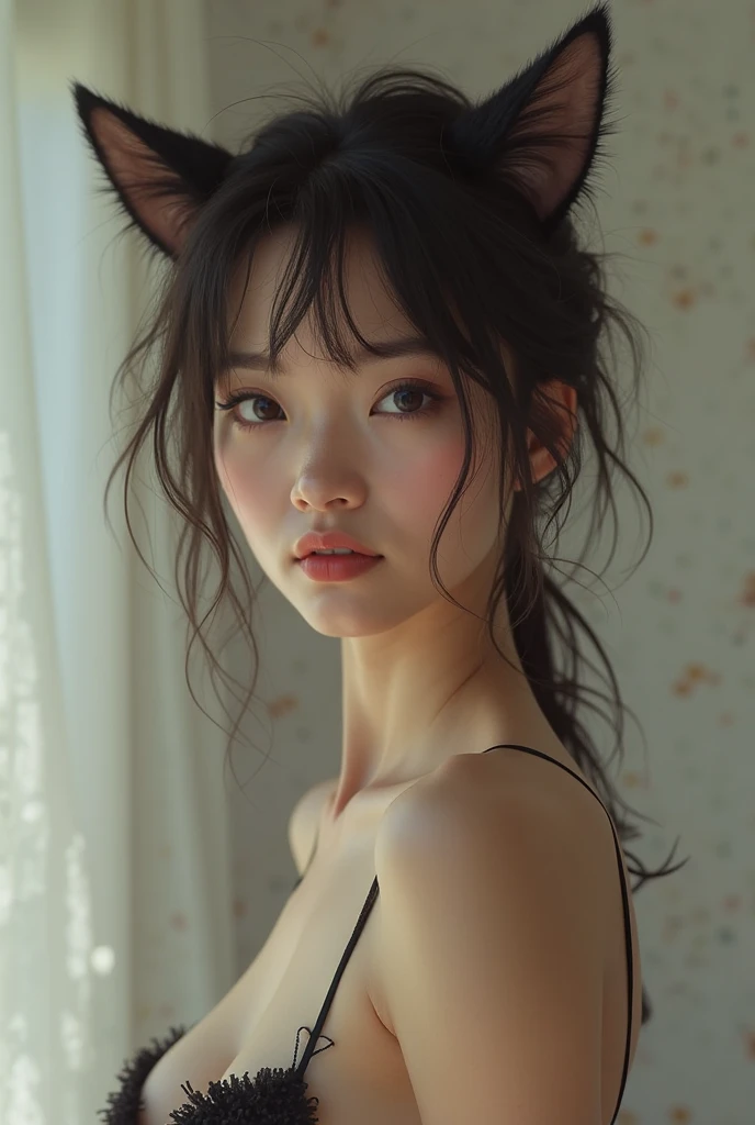 top-quality、​masterpiece、超A high resolution、(Photorealsitic:1.4)、Raw photo、1girl in、off shoulders、电影灯光、Kiss Pose、Mouse ears